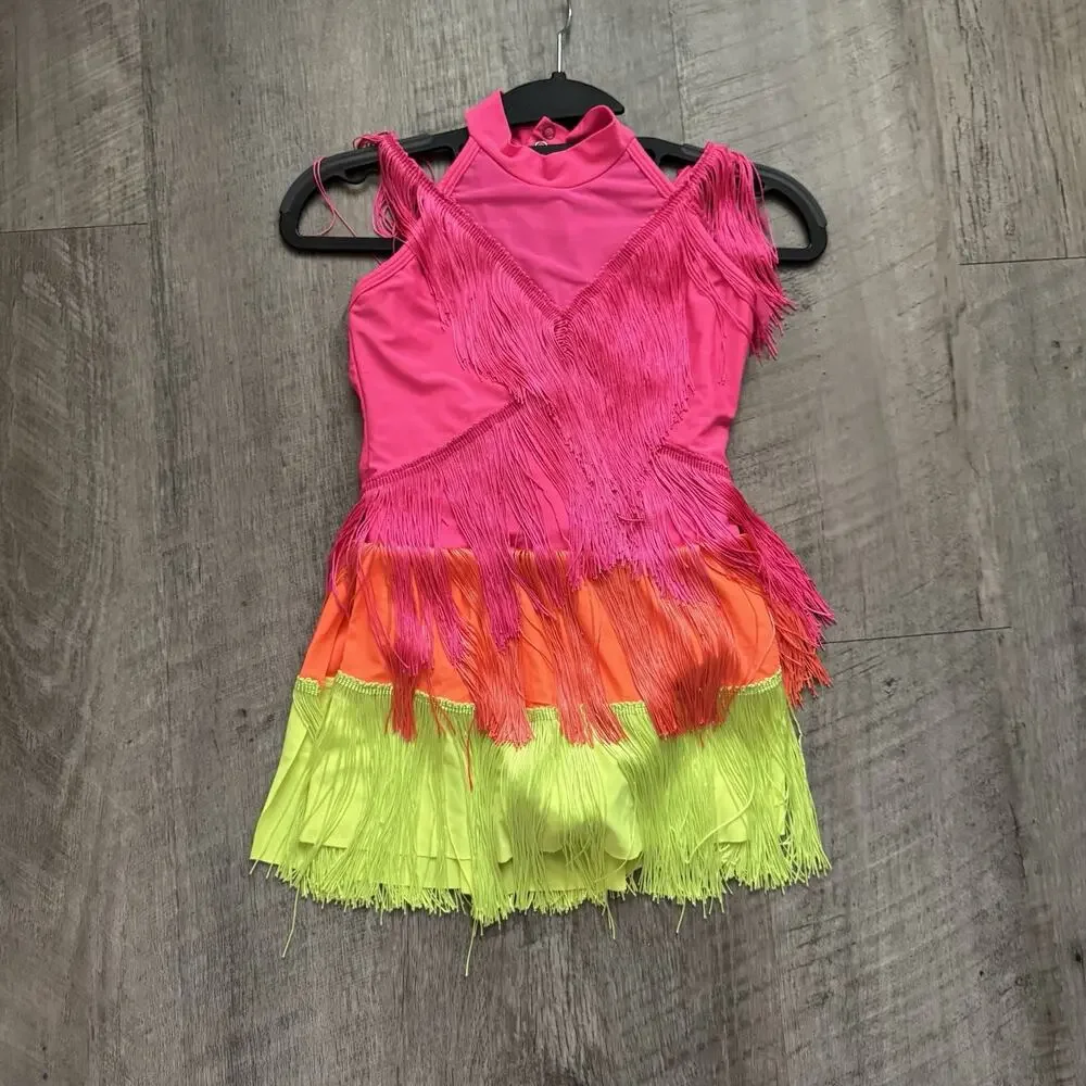 Revolution RC24609 What Is Love Size LC Girls Large Dance Leotard Fringe Neon